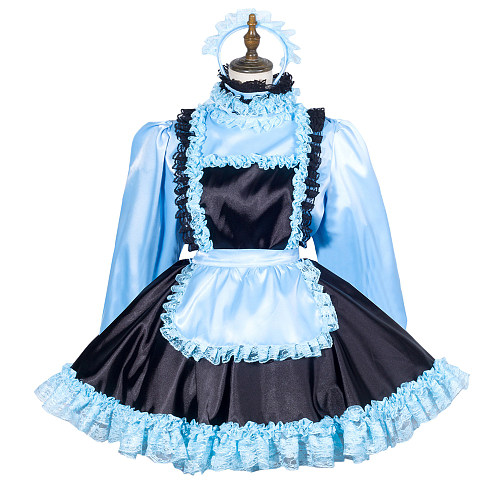 Fondcosplay Lockable Blue Satin Sissy Maid Crossdressing Short Dress with Black Apron [G3789]