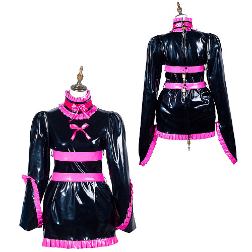 Fondcosplay Lockable Black and Pink Heavy PVC Sissy Maid Crossdressing Long Sleeve Dress [G3794]