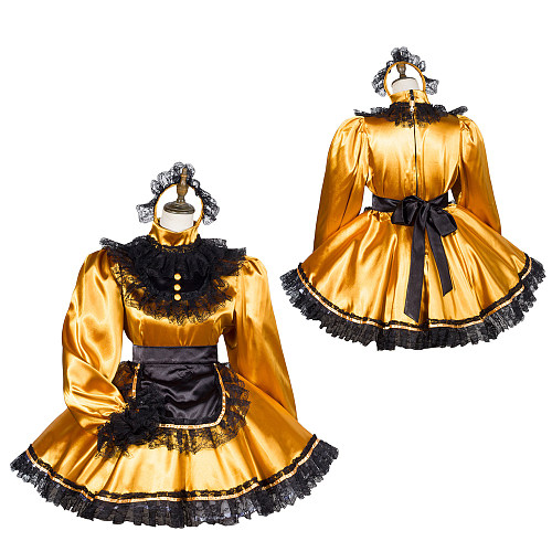 Fondcosplay Lockable Gold Satin Sissy Maid Crossdressing Dress with Black Lace Apron [G3805]