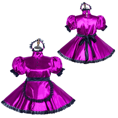 Fondcosplay Lockable Purple Satin Sissy Maid Crossdressing Short Dress with Black Apron [G3764]