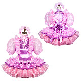 Fondcosplay Lockable Pink and Purple Satin Organza Sissy Maid Crossdressing Ruffled Dress with Headpiece [G3799]