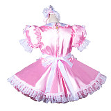 Fondcosplay Lockable Pink Satin Sissy Maid Crossdressing Short Dress with Apron and Headpiece [G3793]