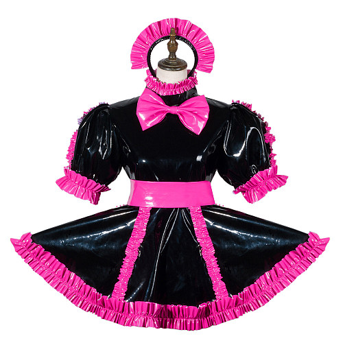 Fondcosplay Lockable Black and Pink Heavy PVC Sissy Maid Crossdressing Dress with Built-in Panties [G3790]