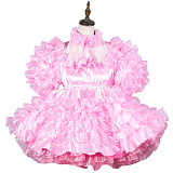 Fondcosplay Lockable Pink Satin and Organza Sissy Maid Crossdressing Ruffled Short Dress [G3784]