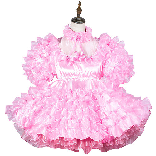 Fondcosplay Lockable Pink Satin and Organza Sissy Maid Crossdressing Ruffled Short Dress [G3784]