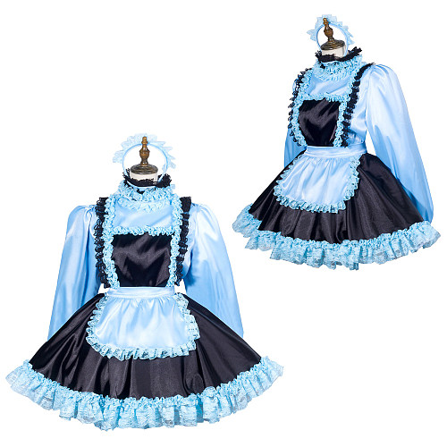 Fondcosplay Lockable Blue Satin Sissy Maid Crossdressing Short Dress with Black Apron [G3789]
