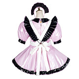 Fondcosplay Lockable Pink Thin PVC Sissy Maid Crossdressing Short Dress with White Apron [G3778]
