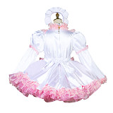 Fondcosplay Lockable White and Pink Satin Sissy Maid Dress with Lace Apron [G3807]
