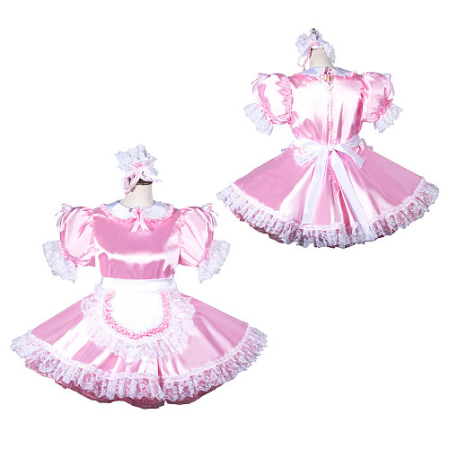 Fondcosplay Lockable Pink Satin Sissy Maid Crossdressing Short Dress with Apron and Headpiece [G3793]