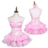 Fondcosplay Pink Organza Sissy Maid Crossdressing Two-Piece Outfit with Ruffled Skirt [G3767]