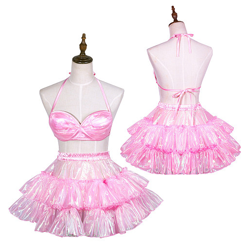 Fondcosplay Pink Organza Sissy Maid Crossdressing Two-Piece Outfit with Ruffled Skirt [G3767]