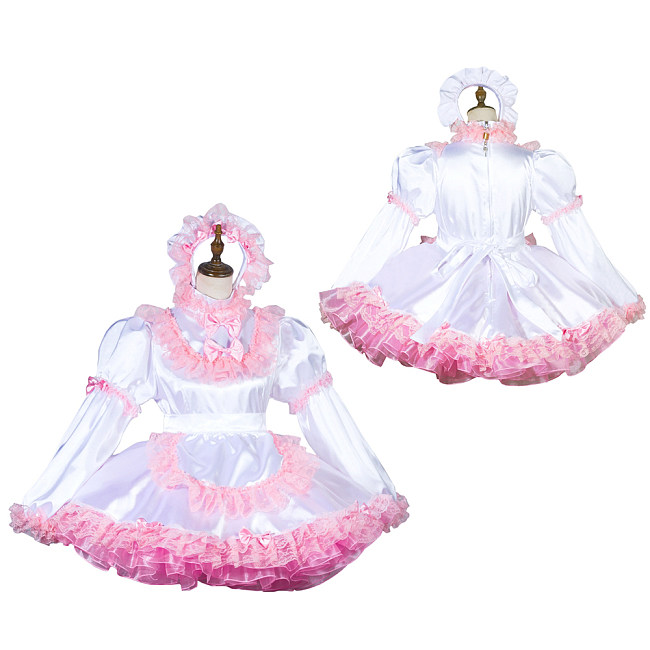 Fondcosplay Lockable White and Pink Satin Sissy Maid Dress with Lace Apron [G3807]