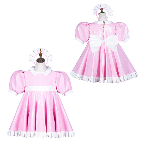 Fondcosplay Lockable Pink and White Heavy PVC Sissy Maid Crossdressing Short Dress with Bow [G3763]