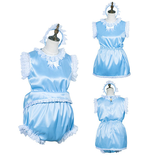 Fondcosplay Lockable Blue Satin Sissy Maid Crossdressing Bodysuit with Bloomers [G3768]