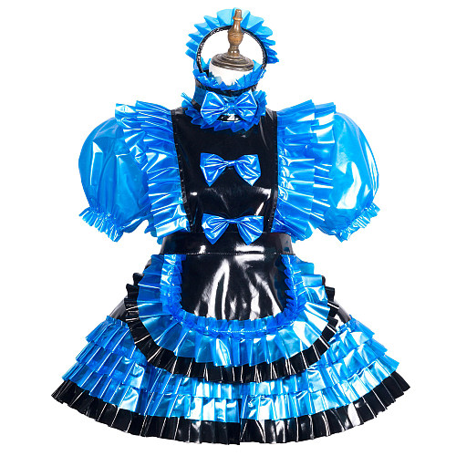 Fondcosplay Lockable Blue and Black Heavy PVC Sissy Maid Crossdressing Short Dress with Apron [G3770]