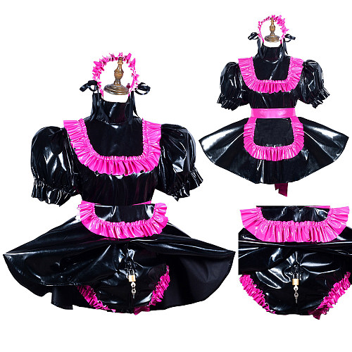 Fondcosplay Lockable Black and Pink Thin PVC Sissy Maid Crossdressing Dress with Built-in Panties and Apron [G3796]