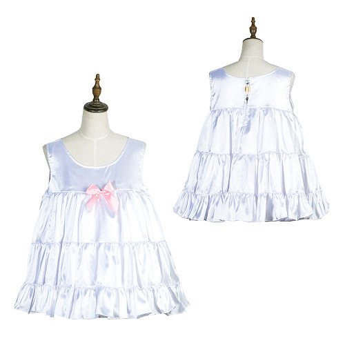 Fondcosplay Lockable White Satin Sissy Maid Crossdressing Baby Doll Dress with Pink Bow [G3772]