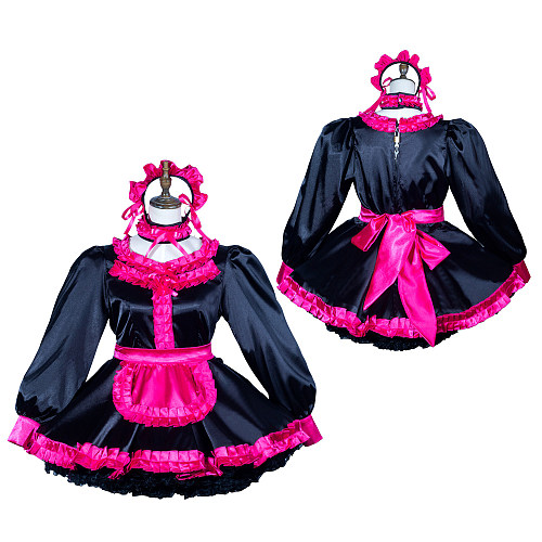 Fondcosplay Lockable Black and Pink Satin Sissy Maid Crossdressing Long Sleeve Dress with Apron and Headpiece [G3798]