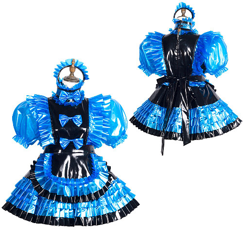 Fondcosplay Lockable Blue and Black Heavy PVC Sissy Maid Crossdressing Short Dress with Apron [G3770]