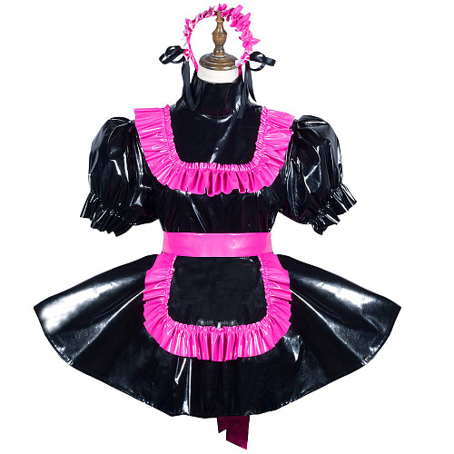 Fondcosplay Lockable Black and Pink Thin PVC Sissy Maid Crossdressing Dress with Built-in Panties and Apron [G3796]