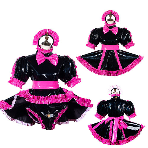 Fondcosplay Lockable Black and Pink Heavy PVC Sissy Maid Crossdressing Dress with Built-in Panties [G3790]