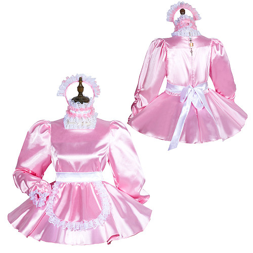 Fondcosplay Lockable Pink Satin Sissy Maid Crossdressing Short Dress with Apron [G3762]