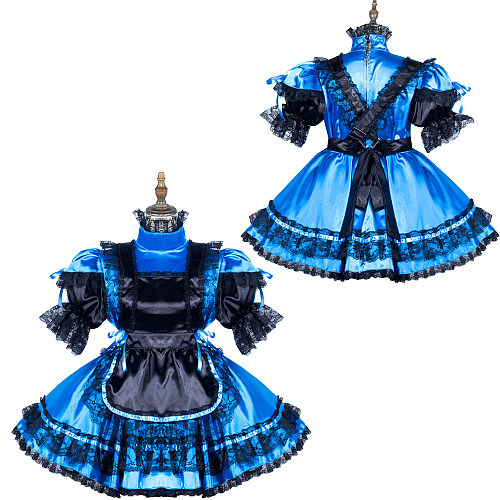 Fondcosplay Lockable Blue Satin Sissy Maid Crossdressing Dress with Black Lace Apron [G3801]
