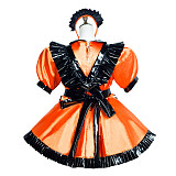 Fondcosplay Lockable Orange Satin and Black PVC Sissy Maid Crossdressing Short Dress with Apron [G3769]