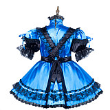 Fondcosplay Lockable Blue Satin Sissy Maid Crossdressing Dress with Black Lace Apron [G3801]