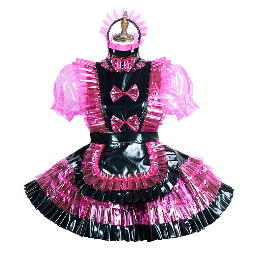 Fondcosplay Handmade Lockable Sissy Maid Crossdressing Heavy PVC & Clear PVC Dress – Black & Hot Pink [G3818]