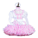 Fondcosplay Handmade Lockable Sissy Maid Crossdressing Organza & Satin Dress – White & Pink [G3826]