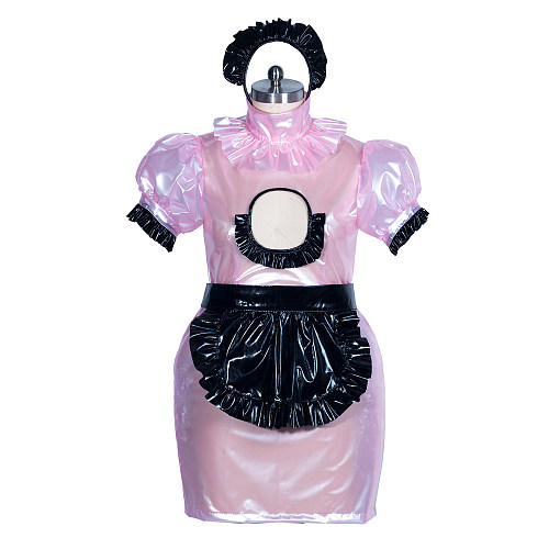 Fondcosplay Handmade Sissy Maid Crossdressing Lockable Pink Clear PVC Open Chest Dress [G3874]