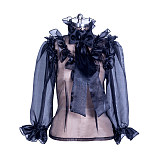 Fondcosplay Handmade Lockable Organza Sheer Blouse with Ruffles and Bow – Black [G3870]