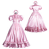 Fondcosplay Handmade Lockable Sissy Crossdressing Satin Long Ruffle Dress – Pink [G3864]