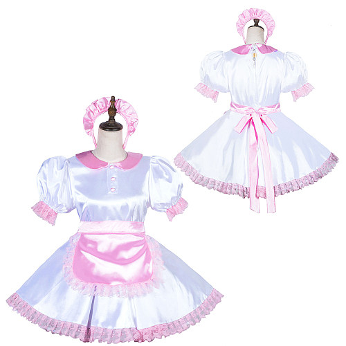 Fondcosplay Handmade Lockable Sissy Maid Crossdressing Satin Dress – White & Pink [G3819]