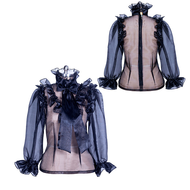 Fondcosplay Handmade Lockable Organza Sheer Blouse with Ruffles and Bow – Black [G3870]