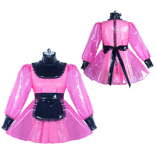 Fondcosplay Handmade Lockable Sissy Maid Crossdressing Clear PVC Dress – Hot Pink & Black [G3863]