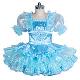 Fondcosplay Handmade Lockable Sissy Crossdressing Satin and Organza Short Maid Dress with Apron and Belt – Blue [G3866]