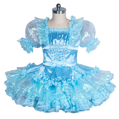 Fondcosplay Handmade Lockable Sissy Crossdressing Satin and Organza Short Maid Dress with Apron and Belt – Blue [G3866]