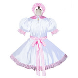 Fondcosplay Handmade Lockable Sissy Maid Crossdressing Satin Dress – White & Pink [G3819]
