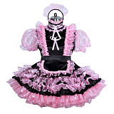 Fondcosplay Lockable Sissy Maid Dress Black & Pink Satin Organza Crossdressing Outfit [G3898]