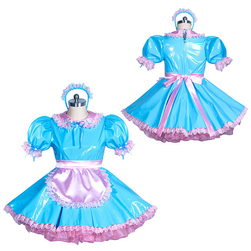 Fondcosplay Handmade Lockable Thin PVC Sissy Maid Dress with Apron and Headpiece – Blue & Pink [G3868]