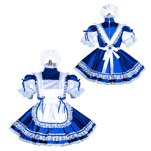 Fondcosplay Lockable Sissy Maid Dress Royal Blue & White Satin Crossdressing Outfit [G3891]
