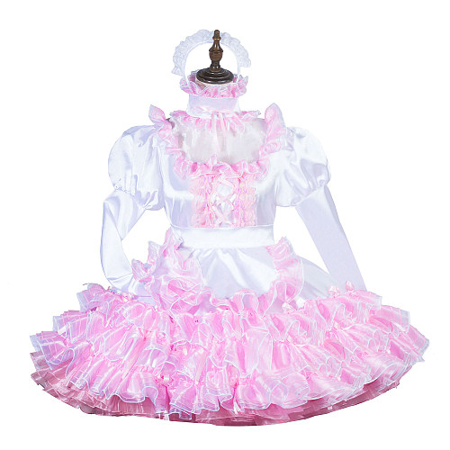 Fondcosplay Handmade Lockable Sissy Maid Crossdressing Organza & Satin Dress – White & Pink [G3826]