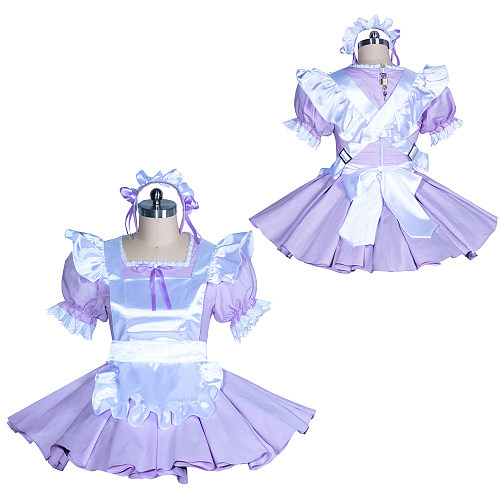 Fondcosplay Lockable Sissy Maid Dress Lavender & White Cotton Crossdressing Outfit [G3881]