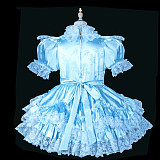 Fondcosplay Handmade Lockable Sissy Maid Crossdressing Satin Dress with Lace – Blue & White [G3838]