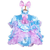 Fondcosplay Handmade Lockable Sissy Maid Crossdressing Satin Ruffle Dress with Integrated Panties – Blue & Pink [G3853]