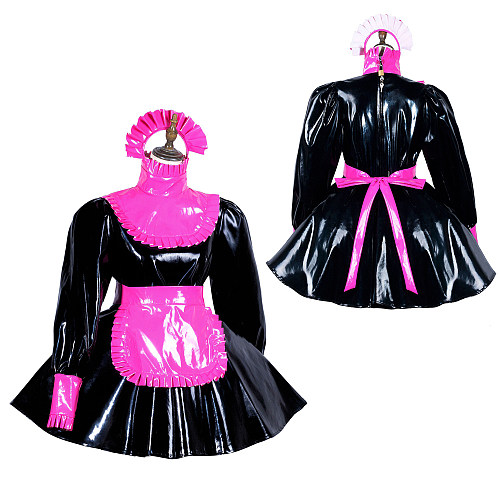 Fondcosplay Handmade Lockable Sissy Maid Crossdressing Heavy PVC Dress – Black & hot Pink [G3817]