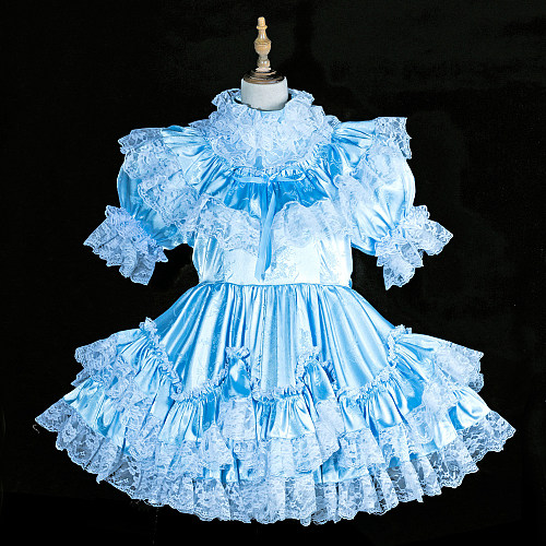 Fondcosplay Handmade Lockable Sissy Maid Crossdressing Satin Dress with Lace – Blue & White [G3838]