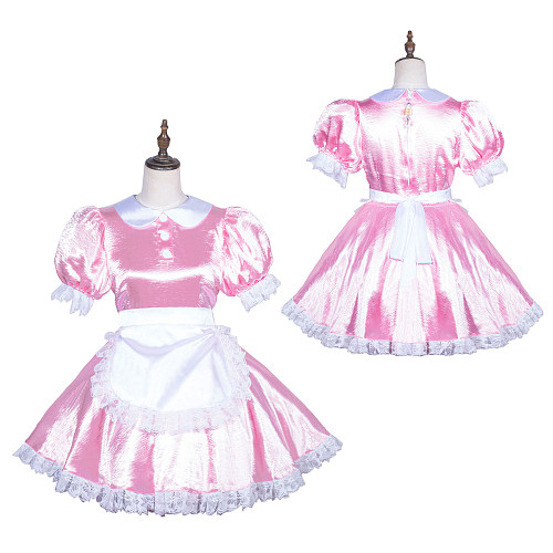 Fondcosplay Handmade Lockable Sissy Maid Crossdressing Satin Dress – Pink & White [G3839]